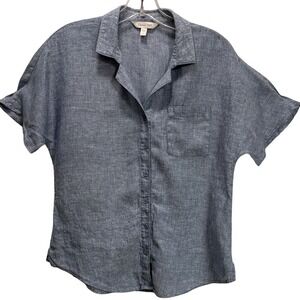 Garnet Hill Chambray Blue Linen Casual Button-Down Camp Shirt Summer Preppy SZ 4